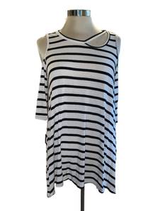 blouse loose fit stripes cold shoulder short sleeve cut out Sz large