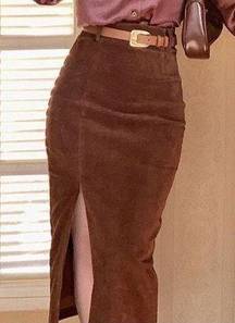 Retro brown Corduroy Slit Skirt Female Mid-length High Waist Elegant A-line Sexy