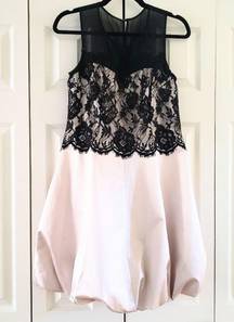 Karen Millen Champagne Satin Black Lace Overlay Dress Size 8