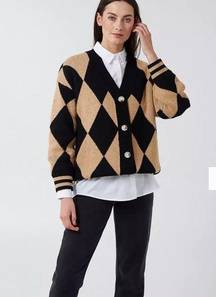 Wild Flower Black Tan Button Front Argyle Cardigan S/M