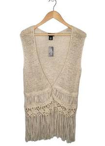 New Wet Seal Boho Festival Fringe Hippie Open Crochet Sweater Oatmeal XL