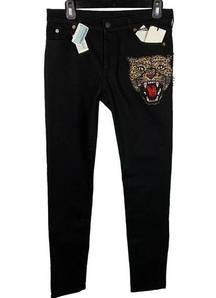 NWT GUCCI Angry Cat Embroidered Black Denim Pant Jean, size 28