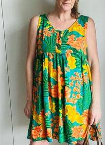 90s Hawaiian Tropical Print Sun Dress  Green Peach Medium Mini coverup Poolside