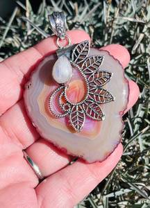 Handcrafted Gorgeous Unique Rainbow Moonstone & Solar Agate 2.5” Gemstone Necklace Pendant