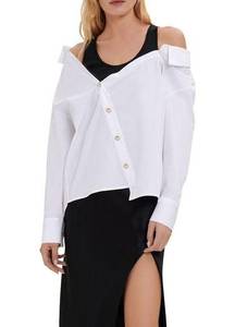 Maje Asymmetric Trompe-L'oeil Layered Off The Shoulder Button Shirt Size 3/Large