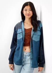 American Eagle AE Oversized Patchwork Denim Hoodie Shirt Jacket