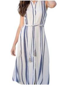 PAPARAZZI Linen Blend Dress w Pockets MEDIUM Blue Striped Belted Button Front