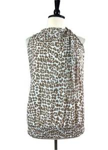 French Laundry Women’s Top High Tie Neck Blouson Tan White Animal Print Size XL