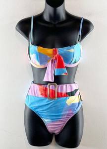 SheIn  High Waisted Belted Two Piece Bikini Swimsuit Multicolor Small