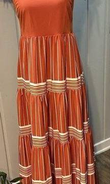 a loves a Orange White Yellow Striped Tiered Maxi Dress Size Medium Tie Straps