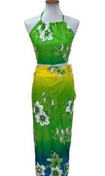 Vintage Coconuts Two Piece Set Coverup Top Green Yellow Size Small