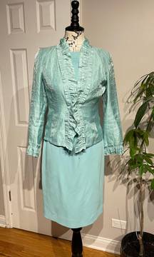 Yansi Fugel & Rafael Matching Set Dress Suit Mint Cover Blazer Shiny Tie Ruffle Pencil Fit Bodice Work Party