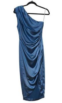 ELLIATT Cassini One Shoulder Party Dress Blue Ruched Drape Lined Midi Slit Zip S