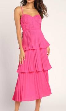 cascading crush hot pink tiered bustier midi dress