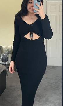 Gathered Front Cutout Long Sleeve Rib Midi Dress