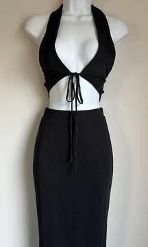 BLACK MIDI BODYCON Skirt & HALTER TIE CROP TOP 2pc Outfit NEW Medium