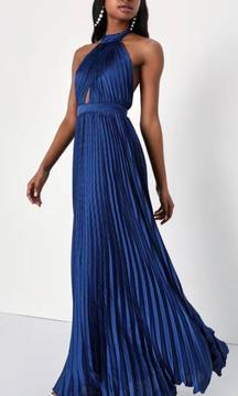 Navy Satin Pleated Halter Dress