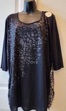 NWT Fadet Glory Womens Plus Size 2XL Black Animal Print T-shirt 3/4 Sleeve