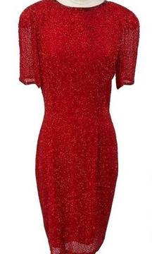 Vintage Oleg Cassini Beaded Silk Mini Dress Short Sleeves Cocktail Red Womens 6