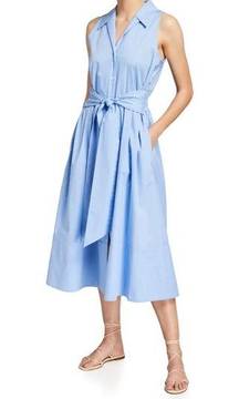 Natori Cotton Poplin Belted Shirt Dress Midi Length Sky Blue Size S