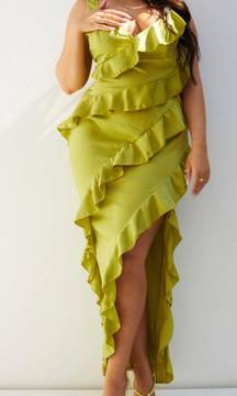 Olive Satin Frill Layered Midaxi Dress