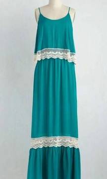 NEW Modcloth Bo Bel Turquoise Teal with White Crochet Lace Trim Maxi Dress Small