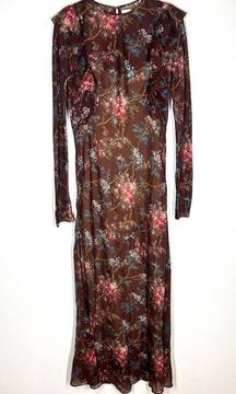 Doen Sz S Clover Ruffle Trim Maxi Dress in Bordeaux Brown Winter Floral