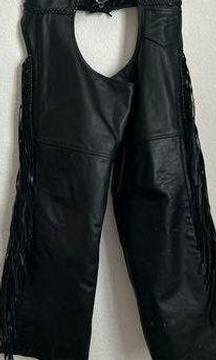 USA Bikers Leather Rider Leather Chaps MOTORCYCLE sz Small Fringe Zip Snaps