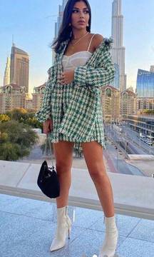 Green White Bejeweled Knit Plaid Mini Skirt