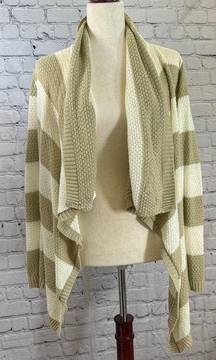 Green & Cream Open Front Cardigan Sweater Womens Large EUC