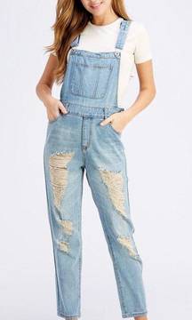 Distressed Denim Overalls in Size Medium