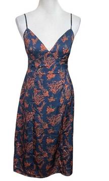 La Femme Apero Gala Midi Dress Floral Side Slit Short Navy Orange Women’s Size M