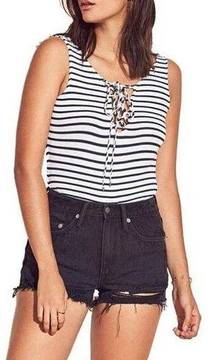 Lovers + Friends Allie Tank Top Striped Lace Up Bodysuit Navy Blue White Small
