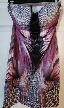 NWOT Tic Toc Pink Multicolor Feather Sweetheart Sleeveless Dress Size Small