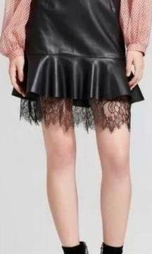 Who What Wear Black Faux Leather Mini Skirt with Ruffle Lace Hem