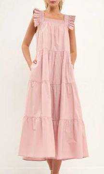 Anthropologie ENGLISH FACTORY Ruffle Detail Midi Dress Dust Pink Small $100