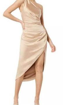 Elliatt Cassini Satin One-Shoulder Designer Dress Cadet Gold NWT Medium