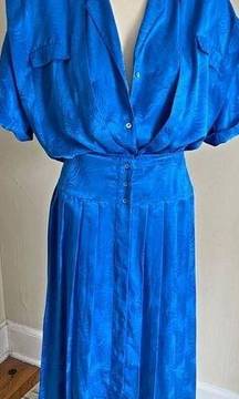 Vintage blue embossed satin feel pleated retro 80s maxi dress