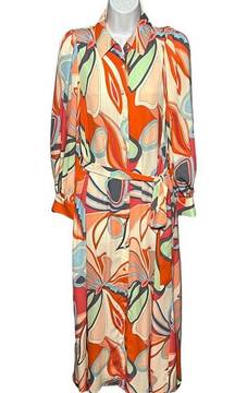 Abstract Puff Sleeve Button Front Chiffon Maxi Dress w/Waist Tie Small