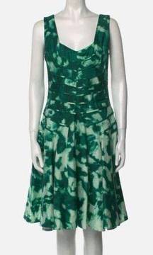 Oscar De La Renta Silk White Green Abstract Fit Flare Dress SZ 8