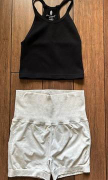 Set - Happiness Runs Tank & Good Karma Running Shorts | XS/S | Ice grey & Black | MSRP $70