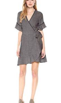 Heather Gray Blanket Stitch Linen Blend Ruffle Wrap Mini Dress