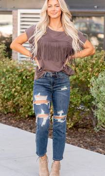 distressed mid rise straight cropped jeans