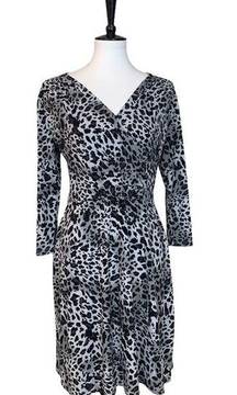 Women's Faux Wrap Dress Jersey Black Snow Leopard Size Medium M