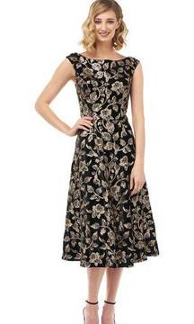 Kay Unger Alessia Black Gold Floral Sequin Velvet Midi Dress Size 8