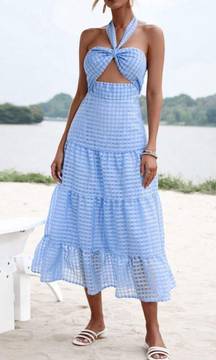 Cut Out Ruffle Gingham Halter neck dress