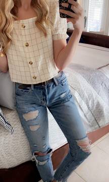 Checked Button Up Crop Top Blouse