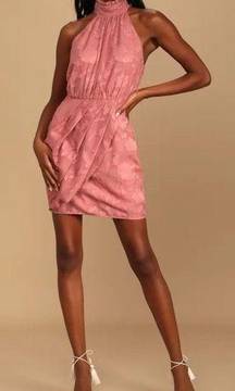 NWT Lulu’s Chic Demeanor Rusty Rose Pink Floral Jacquard Halter Mini Dress Large