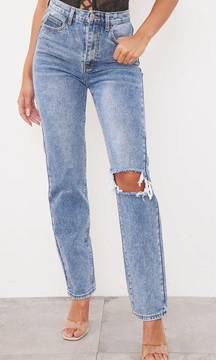 Light Blue Wash Open Knee Long Leg Straight Leg Jeans