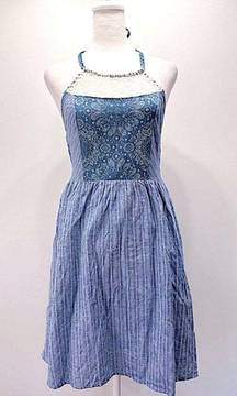 NEW Flying Tomato Denim Blue Striped Paisley & Lace Ruched Back Halter Dress M